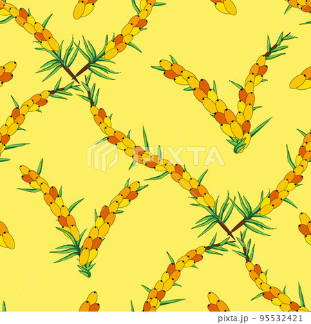 Sea buckthorn seamless pattern. Twigs with berries and leaves. Template with orange fresh berries for wallpaper Sea buckthorn seamless pattern. Twigs with berries and leaves. Template with orange fresh berries for wallpaper 95532421