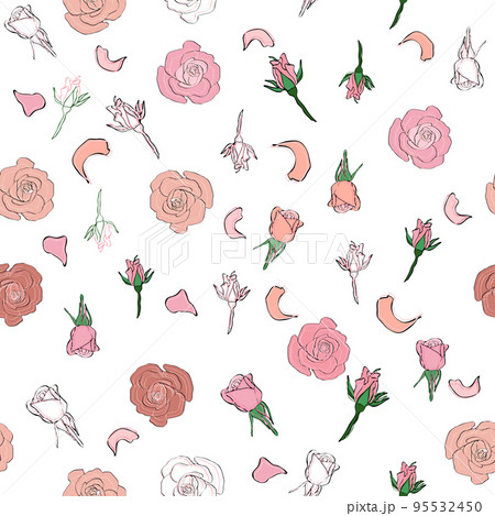 Seamless pattern rose petals, buds and flowers. Confetti, cosmetics, wedding, beautiful flower background 95532450