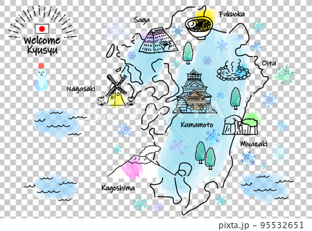 冬の九州の観光地のシンプル線画イラストマップ 95532651