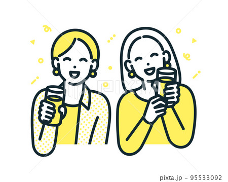 お酒を飲む二人。ほろ酔い気分で楽しげな女性のイラスト素材。 95533092