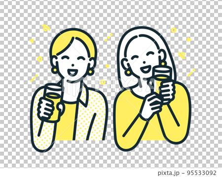 お酒を飲む二人。ほろ酔い気分で楽しげな女性のイラスト素材。 95533092