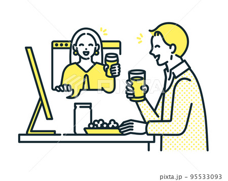 オンライン飲み会をする男女のイラスト素材。 95533093