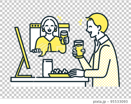 男性和女性在線飲酒派對的插圖素材。 95533093