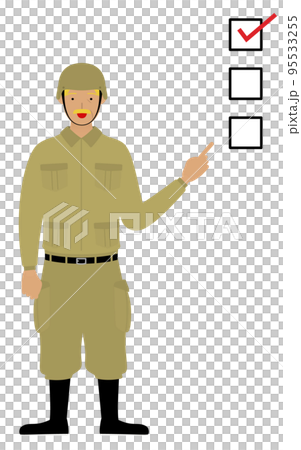 シニア男性兵士のポーズ、チェックリストを指さす 95533255