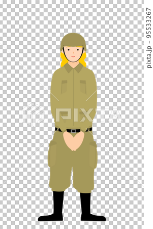 女性兵士のポーズ、待機・正面で手を揃えて待つ 95533267