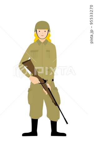 女性兵士のポーズ、ライフル銃を持って見張りに立つ 95533270