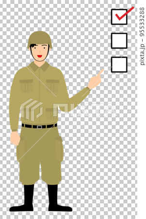 Male soldier poses, pointing to checklist 95533288