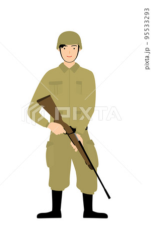 男性兵士のポーズ、ライフル銃を持って見張りに立つ 95533293