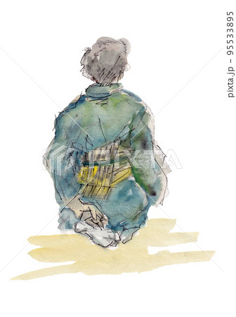 着物で正座をする女性【神楽見物】昭和の風景　縦　白背景 95533895