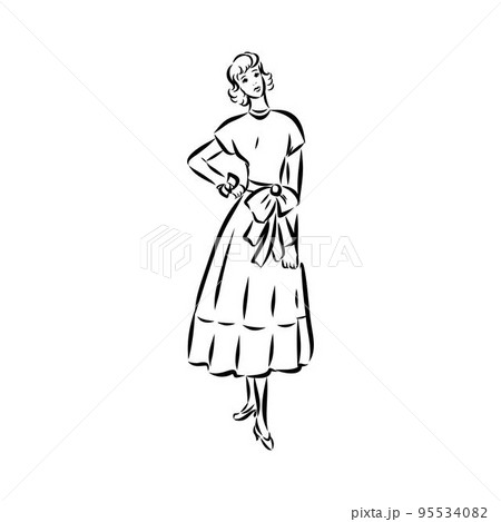 Black and white fashion woman, redhead model with boutique logo background. Hand drawn vector illustration 95534082