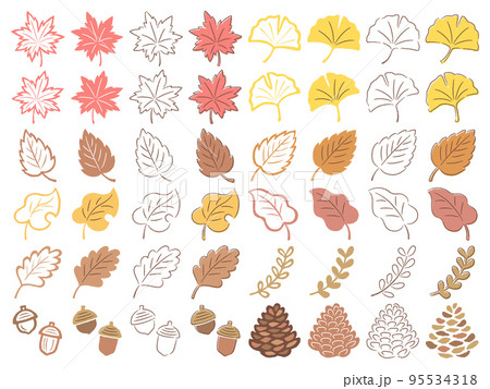 手描き風の秋の葉っぱのイラストセット 95534318