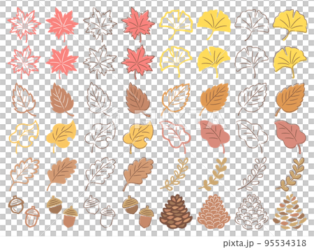 手描き風の秋の葉っぱのイラストセット 95534318