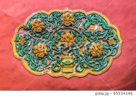 Various textures and patterns on a wall at Forbidden City in Beijing, China 95534346