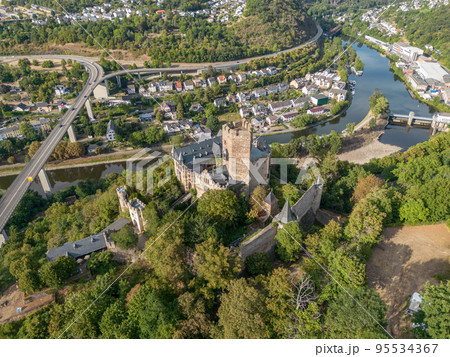 Aerial view Lahneck Castle at lahn River Valley by City Lahnstein near Koblenz in Germany Built 1226 Aerial view Lahneck Castle at lahn River Valley by City Lahnstein near Koblenz in Germany Built 1226 95534367