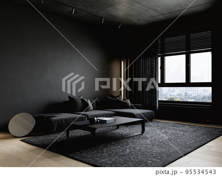 Black contemporary minimalist interior with sofa, carpet, lamp and decor. 3d render illustration mockup. 95534543
