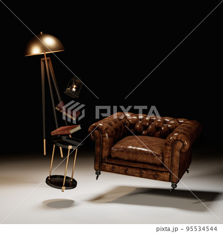 Zero gravity furniture, brown leather armchair, coffee table, black background, interior, night, lamp. 3D render Illustration, isolated objects. 95534544
