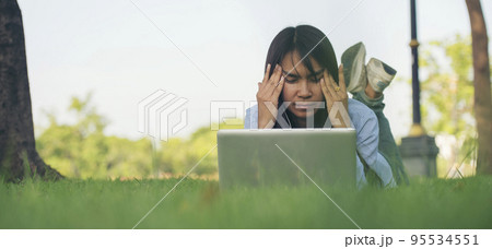 Banner Stress asian women headache have migraine feeling temples stressfull upset depressed. Panorama Women headache migraine exhausted girl. Office syndrome unhealthy Tension person with copy space 95534551