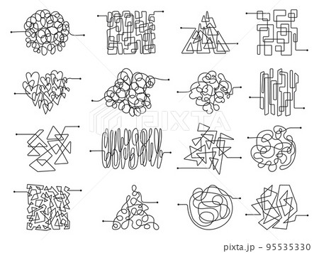 Tangled lines clipart. Chaos graphic ball, entanglement confusion abstract elements. Mess scribbl simple thread. Chaotic confused decent vector symbols 95535330