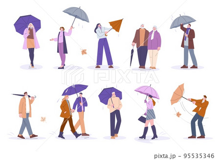 People crowd with umbrellas walking under rain. Flat female in raincoat, couple walk in rainy day. Autumn cartoon kicky vector characters set People crowd with umbrellas walking under rain. Flat female in raincoat, couple walk in rainy day. Autumn cartoon kicky vector characters set 95535346