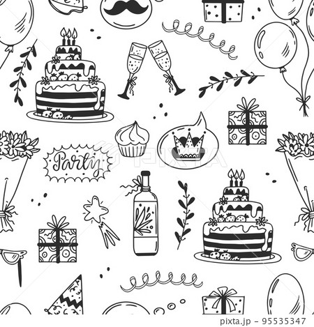 Premium Vector  Set of happy birthday doodles sketch of party decoration  gift box cake party hats