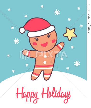 Greeting holiday card with cute gingerbread man in Santa Claus hat for Merry Christmas and New Year design. 95536005