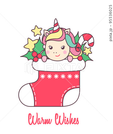 Greeting card with cute Unicorn in red Christmas sock for holiday design isolated on white. Greeting card with cute Unicorn in red Christmas sock for holiday design isolated on white. 95536025