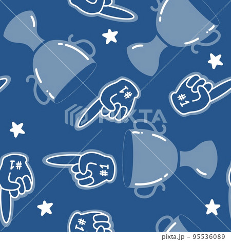 Hand drawn american football seamless pattern. Blue sports football helmet ball cup trophy hand fan number one , simple minimalist graphic art, game day mom fabric print, team equipment design. 95536089