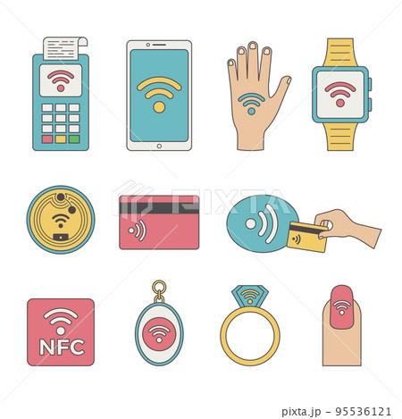 Nfc icon. Smart technology of distance payments and digital gadgets connection smartphones cards paid processes recent vector flat concept pictures collection 95536121