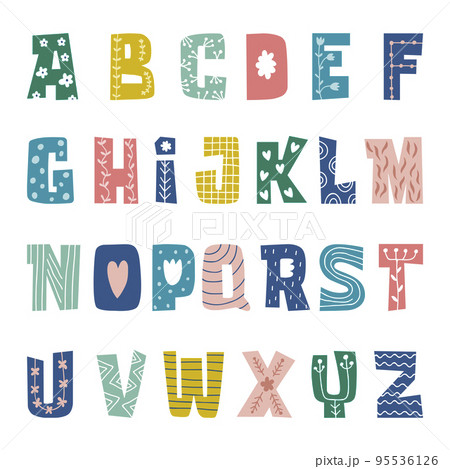 Decorative alphabet. Stylized letters with ornamental decoration creativity graphics for kids recent vector comic alphabet templates 95536126
