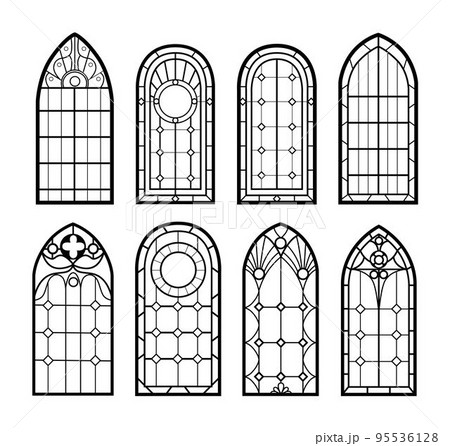Stained glass arch window frames. Architecture interior in vintage style, graphic silhouettes with details. Black isolated elements. Gothic church traditional decoration. Vector pattern tidy images 95536128