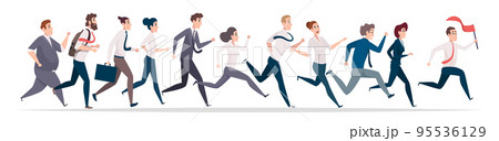 Business running. Male and female characters managers running at work happy team exact vector business crowd 95536129
