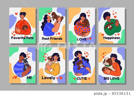Little human hug pet. People holding dogs. Animal lover person. Woman and friend. Happy friendship. Man and kid with doggy companions. Puppy owners banners set. Vector silhouette tidy illustration 95536131