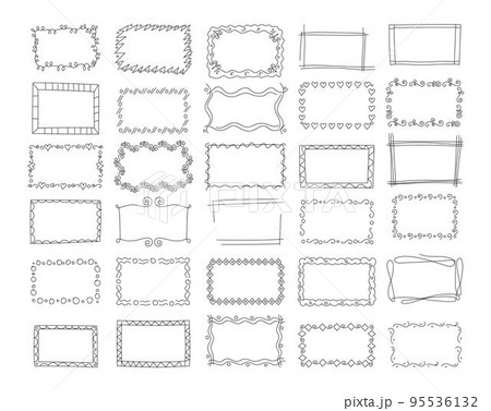 Hand drawn doodle sketch frames for photo. Vintage paper letter, simple outline icon art, brush tidy vignettes. Pencil or pen drawing ornament. Posters and cards template. Vector cartoon pictures 95536132