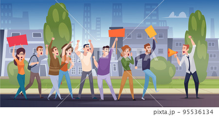 Protested background. Crowd with protested banners screaming and aggresive moving in city strike exact vector templates 95536134