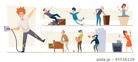 Household injuries. Home accidents problems with damaged house tools danger conceptual symbols exact vector cartoon illustration of people in action poses Household injuries. Home accidents problems with damaged house tools danger conceptual symbols exact vector cartoon illustration of people in action poses 95536139