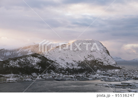 View of Sukkertoppen mountain near Alesund in Norway 95536247