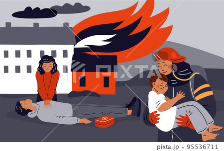 Emergency fire department help. Flame extinguishing process. Firefighters rescue victims from burning house. First aid. Fireman carrying kid. Unconscious person. Garish vector concept 95536711