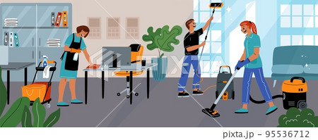 Cleaning premises process. Professional cleaners. Workers in uniform with special equipments. Hygienic service. People vacuuming and washing window. Cleanup staff. Garish vector concept 95536712