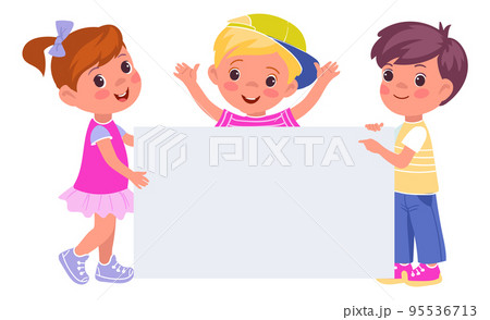 Children with banner. Little boys and girls hold blank surface. Happy activists showing rectangular billboard. Kids standing with empty placard. Smiling teenagers. Vector illustration 95536713