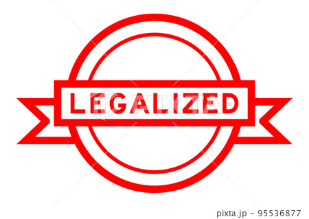 Vintage red color round label banner with word legalized on white background 95536877