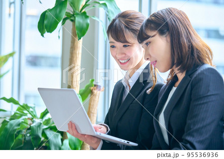 オフィスでノートパソコンを操作しながら打ち合わせするビジネスウーマン 95536936