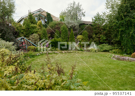 Wide green lawn surrounded by variety of plants, bushes and trees 95537141