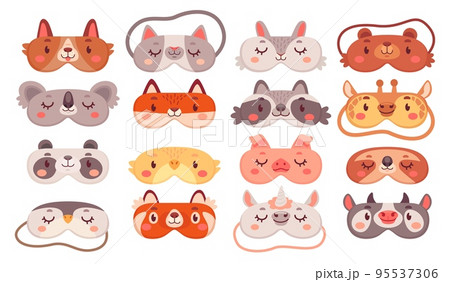 Dreaming masks. Blindfold with drawing cute animal or cat face, eyemask sleeping time for travel dream, pajama party sleep eye mask spa girl nightwear ingenious vector illustration 95537306