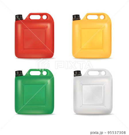 3d jerrycans. Color fuel jerrycan render, oil or gasoline plastic canister petrol gallon bottle car gas storage container auto refuel jerry cans diesel car tidy vector illustration 95537308