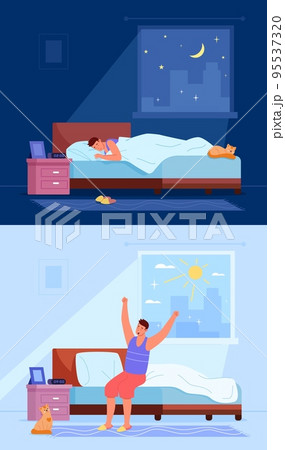 Sleeping waking up man. Waking-up yawning on bed of fresh early morning, start day sunrise rays, healthy sleep dream night in home bedroom, awakening stretching vector illustration Sleeping waking up man. Waking-up yawning on bed of fresh early morning, start day sunrise rays, healthy sleep dream night in home bedroom, awakening stretching vector illustration 95537320