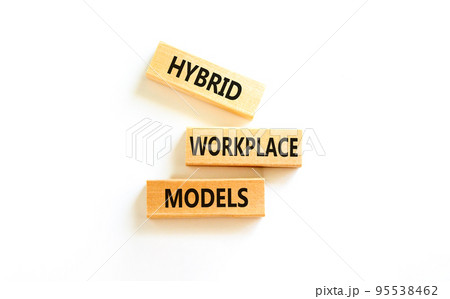 Hybrid workplace models symbol. Concept words Hybrid workplace models on wooden blocks. Beautiful white table white background. Business hybrid workplace models quote concept. Copy space 95538462