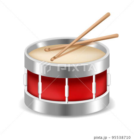 Realistic Detailed 3d Red Snare Drum with Wooden Sticks. Vector illustration of Musical Instrument or Toy Realistic Detailed 3d Red Snare Drum with Wooden Sticks. Vector illustration of Musical Instrument or Toy 95538710