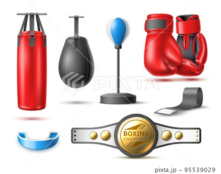 Realistic boxing set. Professional fighting sport accessories, champions belt, gloves, punching bags and mouth guard, sportswear for punch workout, 3d isolated objects, utter vector set 95539029