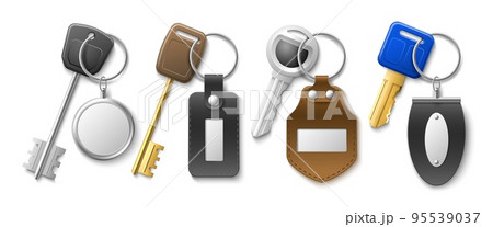 Keys with key chains. Realistic isolated keychains, leather and metal modern tags and pendants, different shapes charms, 3d holders various metal and different forms. Utter vector set Keys with key chains. Realistic isolated keychains, leather and metal modern tags and pendants, different shapes charms, 3d holders various metal and different forms. Utter vector set 95539037