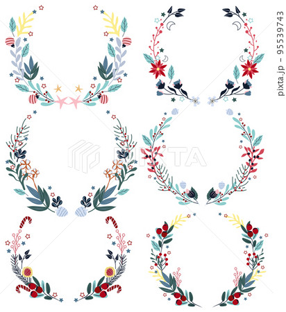 Bright Christmas wreath, poinsettia, candy, colorful leaves, pine branch, stars, balls. Concept Christmas and New Year. Perfect for greeting cards, poster, postcard, banner. Vector 95539743